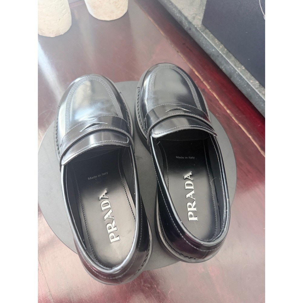 Prada 2DG149 Mens Black Leather Penny Loafer Lug Sole Shoes Size 6 Made in Italy - Picture 6 of 10